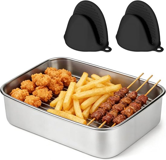 ovenschaal voor airfyer, braadplaat, airfryer-accessoires met frame en beschermgrepen, vierkante pan, heteluchtfriteuse-accessoires, geschikt voor bakken, grillen en braden in de oven