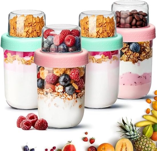 Overnight Oats Beker Set van 4 - 480 ml + 120 ml Gescheiden Vakken - Glazen Yoghurtbekers met Siliconen Hoes en Lekvrij Deksel - Roze & Groen