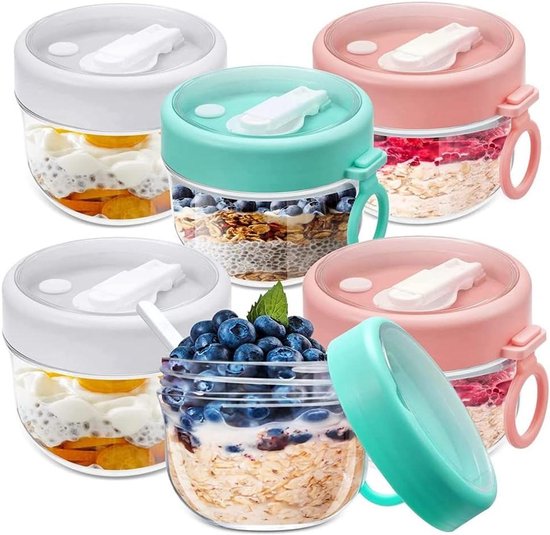 Overnight Oats Containers - Yoghurt Glazen - Ontbijt Voorbereiden - Lekvrij en Draagbaar - 600ml - Wit Roze Cyaan