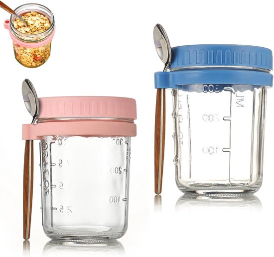 Overnight Oats Jars 350ml, 2 Stuks met Lepels en Luchtdichte RVS Deksels - Voedselveilige Glazen Ontbijtpotten voor Yoghurt en Pudding