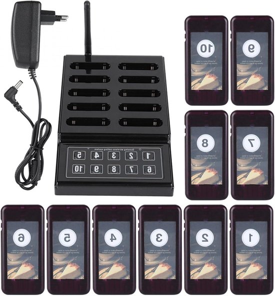 Pagersysteem voor restaurants en wachtrijen - 10 kanalen - Oproeppaneel met 10 pagers - Voor horeca en retail van Merkloos