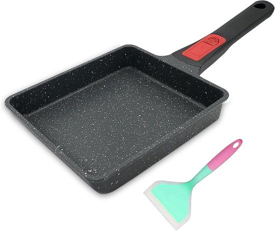 Pan voor omelet, Japans, antiaanbaklaag, voor Tamagoyaki, met afneembaar houten handvat, 19 x 16 x 4 cm, rechthoekige eierpannen met siliconen spatel (zwart)