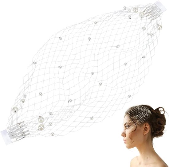 Parel vogelkooi sluier 37,5 x 19 cm witte mesh sluier haaraccessoire fascinator voor 1920s kostuum, bruiloft en theekransje