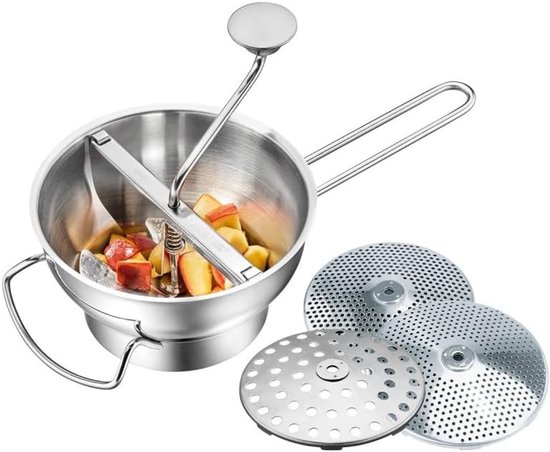 Passeerapparaat Keuken - Apparaat Passen - Fruit Groenten Passen - Drie RVS Schijven - 2 Liter Volume - Zilver