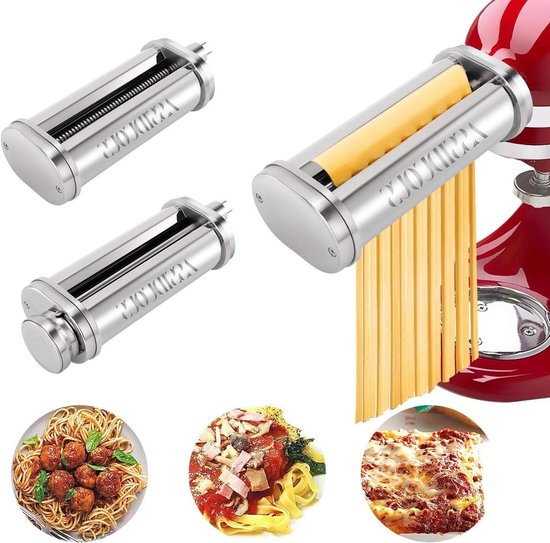 Pasta Attachment for Food Processor Rolling Pin and Cutter - Stainless Steel 3 Pieces, Water Washable with Brush van Merkloos