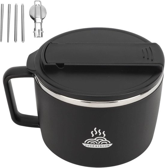 Pasta Bowl 1200ml Microwave Stainless Steel with Lid and Sticks Quick Cooking Kitchen Tool for Office, Home, Student House