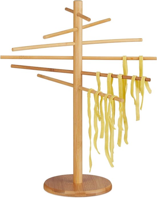 Pasta Drying Rack Bamboo 12 Arms Foldable 41 cm High for Drying Spaghetti - Wood Nature pasta droogrek van Jean-Patrique
