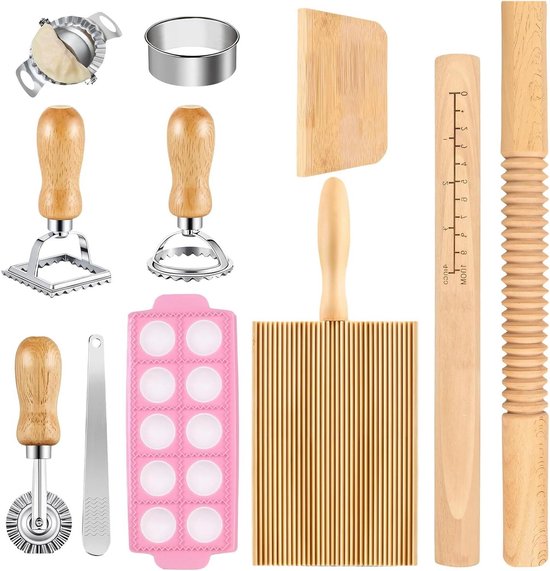 Pasta Maken Gereedschap - Knoedel Kit - Thuis Italiaans Koken - 11 Delige Set - 800 Gram - Houtkleur