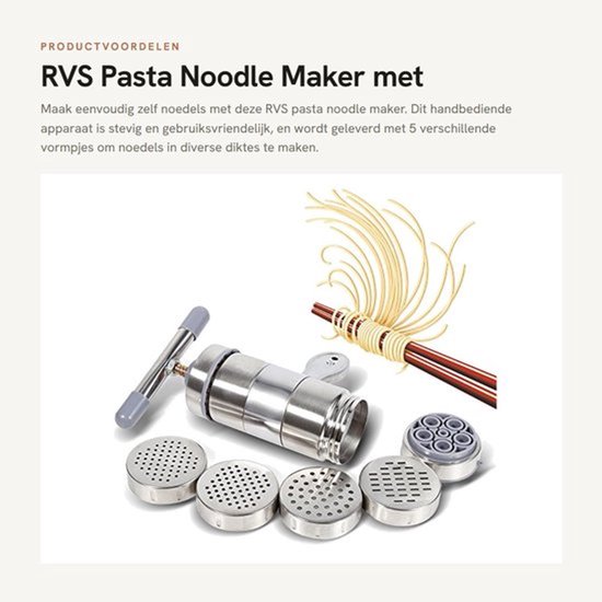 Pasta Maker - Roestvrij Staal - Draagbaar - 5 Vormen - Eenvoudig in Gebruik - Ideaal voor Thuis en Restaurants - Noodle Maker