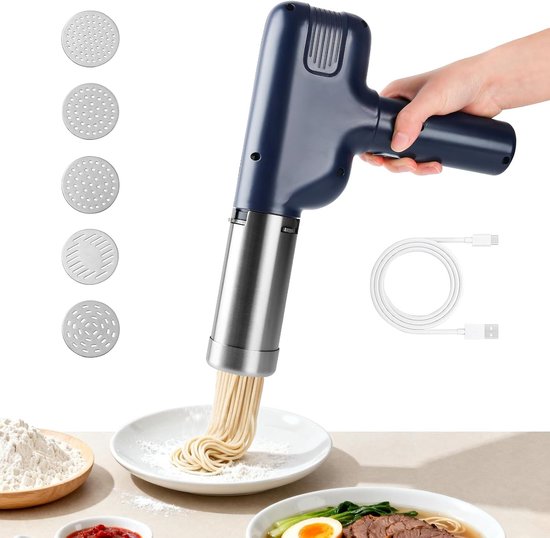 Pastamachine Handheld, Draagbare pastamachine met 7 opzetstukken, Oplaadbare pastamachine voor heerlijke spaghetti/fettuccine