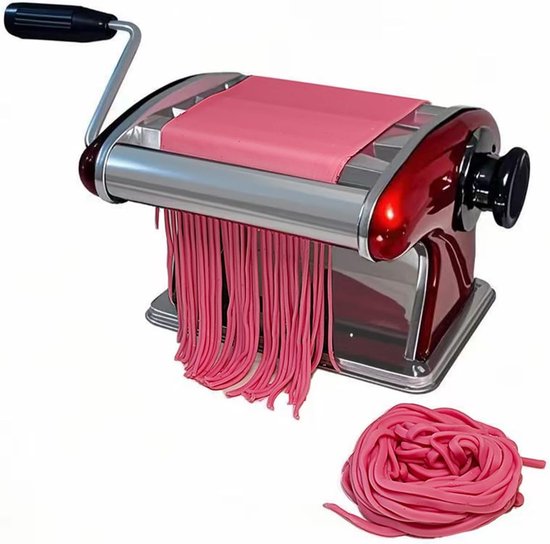 Pastamachine - Handmatig - Pasta Maker - Noedels Maker - Multifunctionele Pastamaker - Zelf Pasta Maken - met 2 messen (2mm/4mm) - Compacte Pasta Maker - Met 6 Instelbare Dikte Instellingen - Dumpling Roller - Met Extra's - RVS - rood van Merkloos