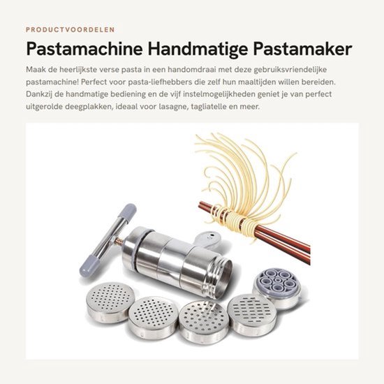 Pastamachine Handmatig - Roestvrij Staal - Draagbaar - Eenvoudige Bediening - 5 Vormkoppen - 18,5 x 14 cm - Noedelmachine