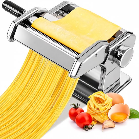 Pastamachine Handmatig – Rolmachine en Pastamaker 150 Model – Met Hendel en Afneembare Snijmodule – Voor Spaghetti, Tagliatelle, Lasagne en Zelfgemaakte Pasta – Zilver