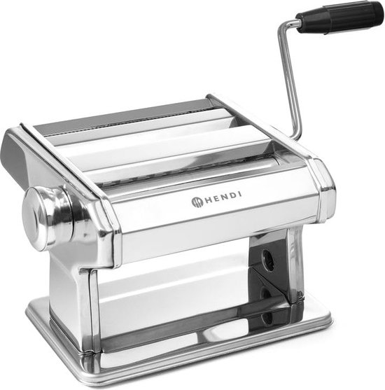 Pastamachine, handmatig, voor de bereiding van verse pasta, deegroller, tagliatelle, fettucine, deegbreedte tot 140mm, 7 niveaus verstelbaar 0,2-2,5mm, 440x382x(H)340mm, RVS van HENDI