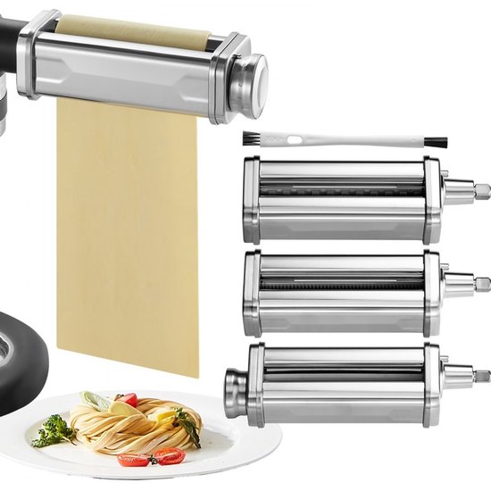 Pastamachine - Handmatige pastamaker 3-delig - RVS - Met pastaroller en snijbladen - Voor spaghetti, tagliatelle en lasagne - Inclusief reinigingsborstel van Merkloos