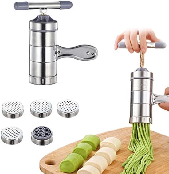 Pastamachine Handmatige Pastamaker Gemaakt van Roestvrij Staal Draagbare Pastamachine Spaghettimachine met 5 Pastavormen Verse Pastamaker voor Thuis of Restaurant 18 x 13,5 x 9 cm (5 vormen) van Blijhuis.