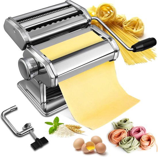 Pastamachine, handmatige pastamaker, roestvrij staal, met 2 verschillende pastarollen voor verse spaghetti, pasta, lasagne, eenvoudige reiniging en gebruik met klem van Cucina di Modena