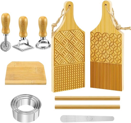 Pastamachine Hout - Pastagereedschap Set - Zelf Pasta Maken - Inclusief Snijder & Plank - 12 Delig - Houtkleur