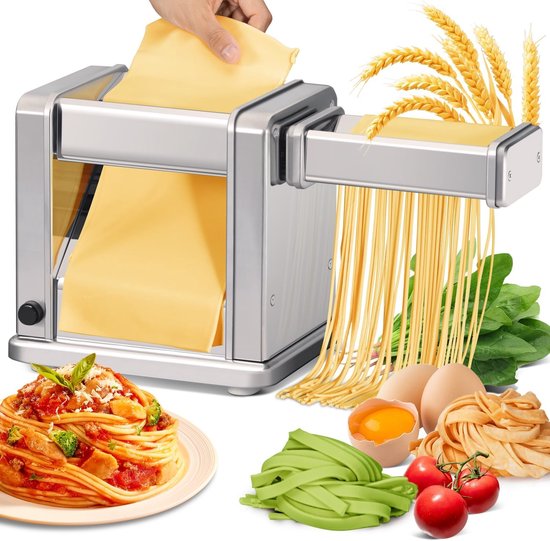 Pastamachine, roestvrijstalen noedelmachine met roller en snijder, verstelbaar, 7 diktes en 2 breedte voor spaghetti, fettuccini, lasagne, taartkorst, knoedel, wonton