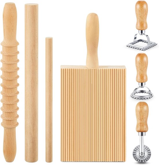 Pastamachine set - Gnocchi bord - Zelf pasta maken - 7-delige set - Hout en legering - Natuurlijk