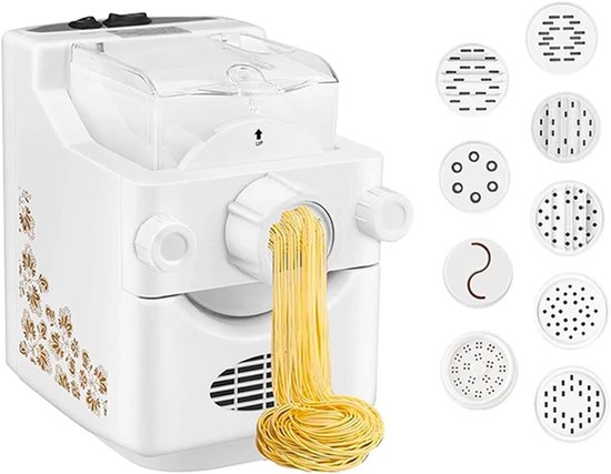 Pastamachine, volautomatisch, pastamachine, spaghettimachine met 9 pastamroosters en 1 set knoedelmaker, wit