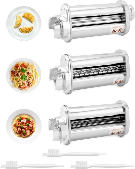 Pastamaker Accessoires - Pastavelroller Snijder - Zelf Pasta Maken - Set van 3 Opzetstukken - 8 Dikte Instellingen - Zilver