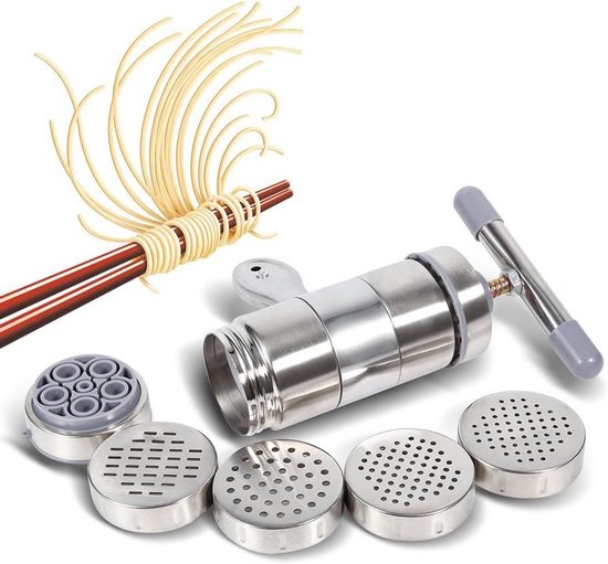 Pastamaker - Deegpers - Verse Pasta Maken - 5 Vormkoppen - 18.5 x 14 cm - Zilver