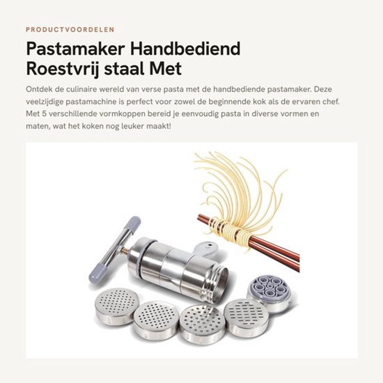 Pastamaker Handbediend - Roestvrij Staal - 5 Vormkoppen - Tijdbesparend - Duurzaam - Ideaal voor Thuisgebruik - Noedelmaker
