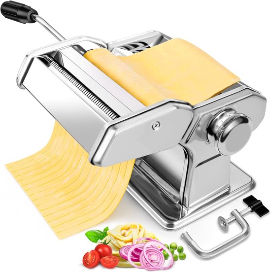 Pastamaker - Pasta Snijder - Pastamachine - Handmatige Pastamachine - Afneembare Kop met Dubbel Mes - Dikte in 7 Standen Instelbaar - RVS - Zilver