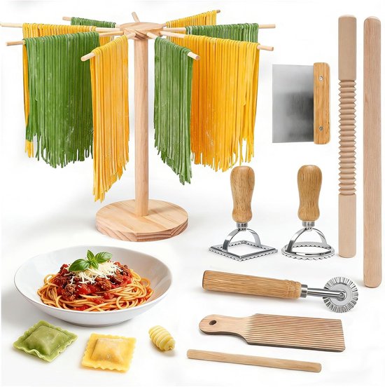 pastamaker set 9 stuks met pastadroogrek, deegroller met schroefdraad, 2 deegrollers, gnocchiplank, deegsnijder, pastasnijwielen, 2 ravioli-stempels, maak zelf pasta
