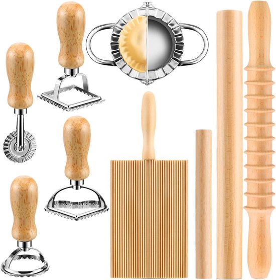 Pastamaker Set - Deeg Gereedschap - Zelf Pasta Maken - 9 Delig Keuken Hulpmiddel - 36x21x6 cm - Natuurlijk Hout