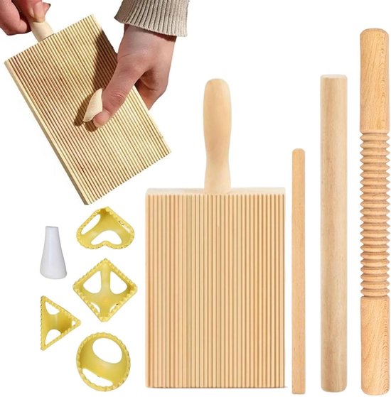 Pastamaker Set - Deegplank & Stempel - Zelf Pasta Maken - Compleet Hout Werk - 8 Keukenhulpen - Beige