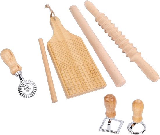 Pastamaker Set - Deegroller Kneedle - Zelf Pasta Maken - Comfortabele Houten Grip - 7 Delig - Natuurlijk