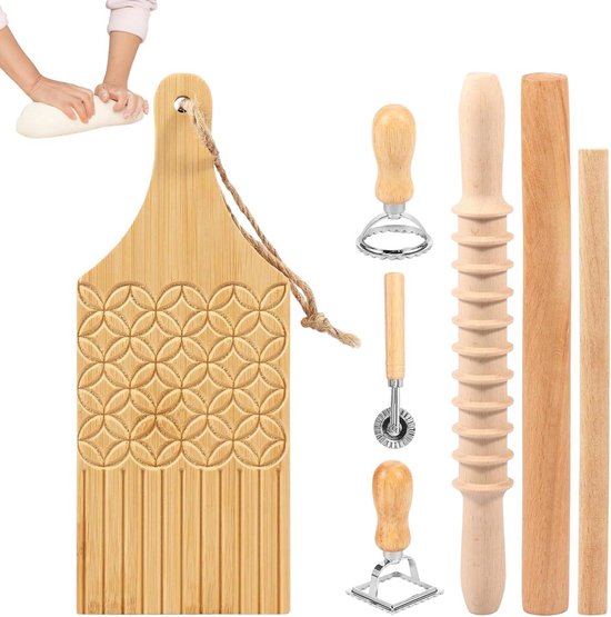 Pastamaker Set - Deegroller Stempel - Verse Pasta Maken - Ergonomische Handgreep - 7 Stuks - Houtkleurig