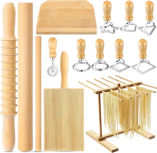 Pastamaker Set - Pastagereedschap - Zelfgemaakte Pasta - 14 Delig - Natuurlijk Hout