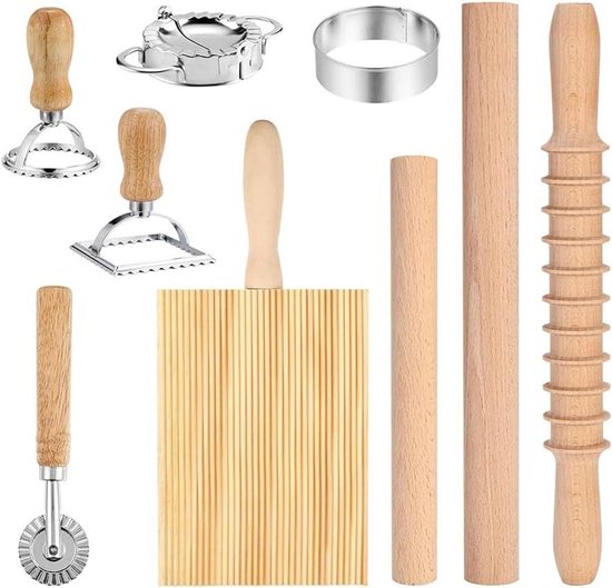 Pastamakerset - Deeggereedschap - Zelf Pasta Maken - 9 Delig - Diverse Maten - Houtkleur