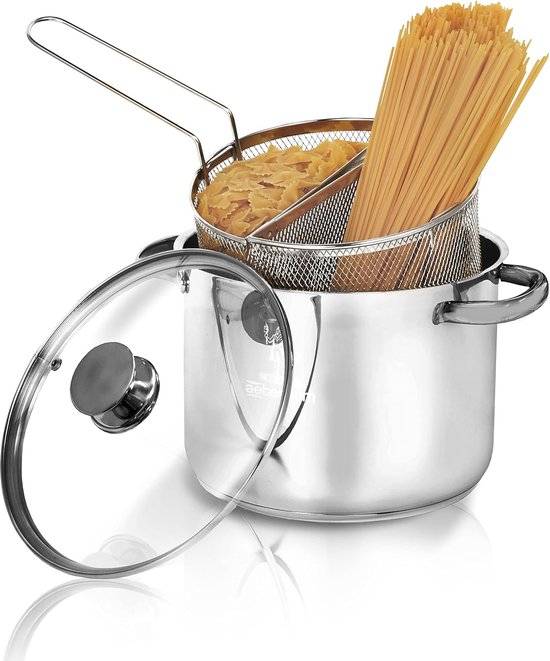 Pastapan - Dubbele mand - Pasta koken - Gelijkmatige warmte - 22 cm - Zilver