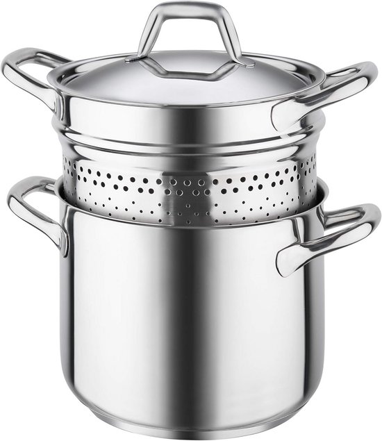 Pastapan - Spaghettiere Kookpan - Pasta Koken - Triplen Bodem - 22cm Diameter - Zilverkleurig