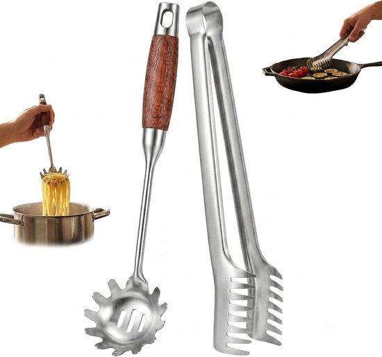 Pastatang en spaghettilepel 30,5 cm - 304 roestvrij staal - houten handvat - ideaal voor pasta en groenten - ShopVlot