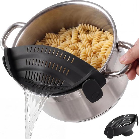 Pastazeef van siliconen met clip, universele zeef voor potten, pannen en kommen, filter voor pasta, groenten en rijst, hittebestendig, BPA-vrij, ruimtebesparend, zwart