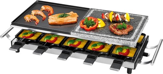PC-RG 1144 2-in-1 Raclette Grill Voor 10 Personen - Met Stenen Plaat En Grillplaat - Antiaanbaklaag - Traploze Thermostaat - 1700W - Roestvrij Staal