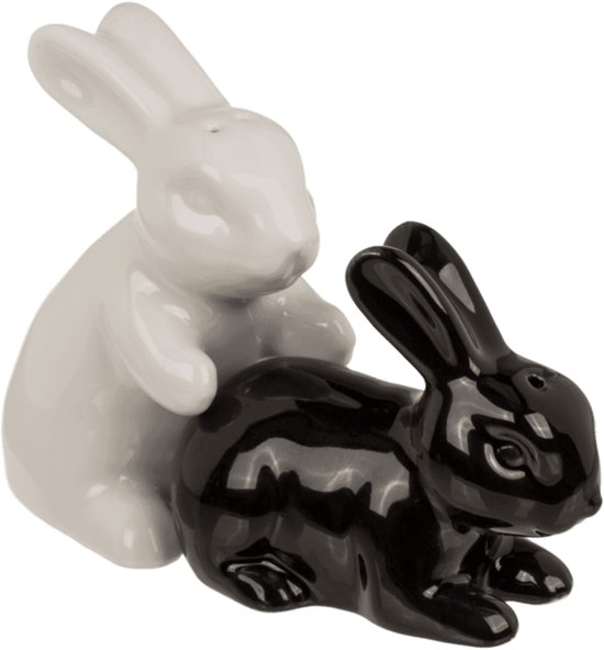 Peper- en zoutstel konijnen – Keramiek – Set van 2 – Glanzend zwart en wit – 11 x 4,5 x 8 cm – Inclusief luxe cadeauverpakking – Perfect voor housewarmings, verjaardagen en tafelstyling