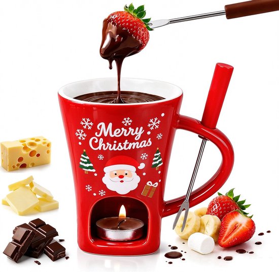 Persoonlijke beker voor het smelten van chocolade - Chocoladefondue - Chocoladefonduebeker - Bakje voor dipsaus - Porselein - Kerstversiering - Kan chocolade, kaas, karamel en boter smelten - Het ideale kerstcadeau - Patroon van de Kerstman