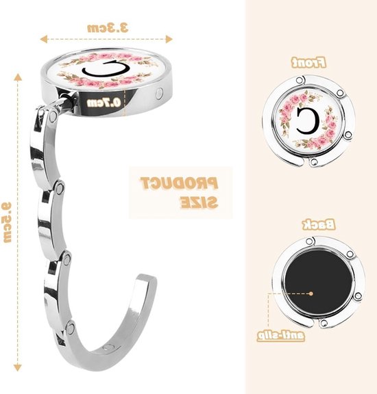 Persoonlijke Tas Hanger met Letters A-Z, Vouwbare Tassenhaak voor Tafel, Bloemmotief, Ideaal voor Vrouwen en Handtassen, Compact en Handig