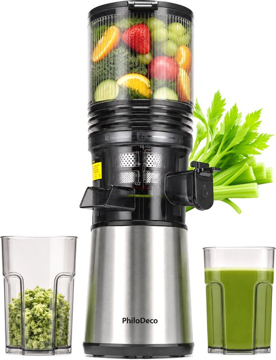 PhiloDeco JE-06 Slowjuicer - Hoogwaardige Koudpers Sapcentrifuge - Langzame Spiraalextractie - 145mm Grote Vulopening - Krachtige Stille 250W Motor - Meervoudig Filtersysteem - Verse Sapmaker voor Thuis