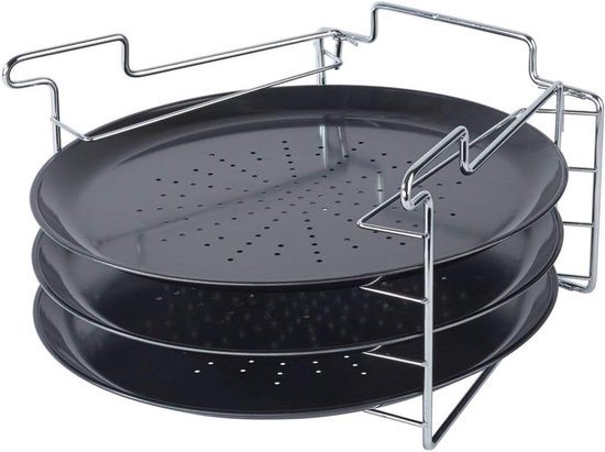 Pizza Bakset - Oven Schaal - Crispy Pizza Bakken - Inclusief Standaard - 3 Platen 32cm - Zwart Zilver