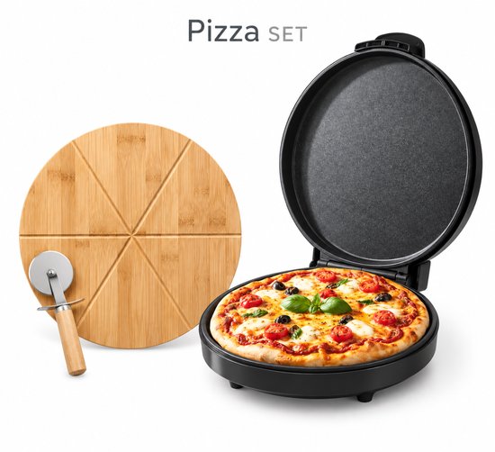 Pizza maker SET - 1400W - incl. Bamboo Pizzaplank Ø 35 cm met Pizzasnijder - bakplaat 32 cm - pizzaoven SET