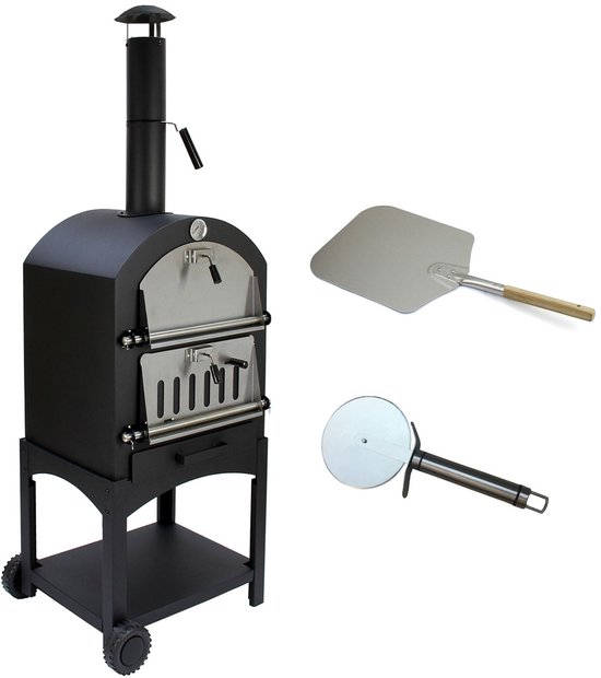 Pizza oven - zwart - 156 cm hoog - met pizzaschep & pizzasteen