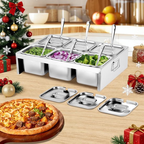 Pizza Topping Station - Toppings Organizer - Pizza Bereiden - Roestvrijstalen Containers - 6 Bakjes - Zilver