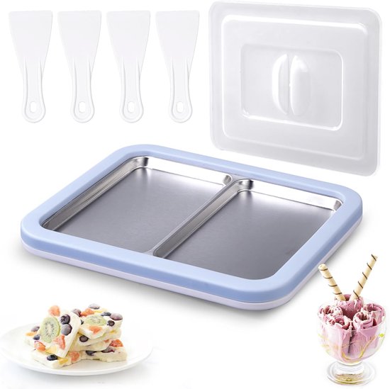 plaat met 4 spatels, ijsrolplaat, ijsplaat, Ice Cream Rolls Maker voor kinderen, familie, gelato, doe-het-zelf maken, lichtblauw